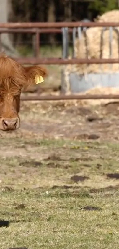 Highland cow grazing in a rustic field.