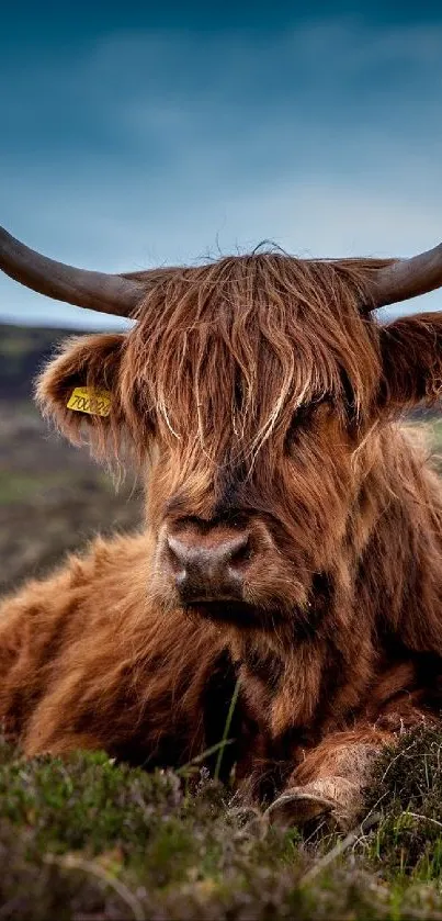 Highland cow with brown fur relaxing in a scenic green pasture.