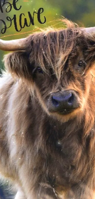 Highland cow with 'Be Brave' text in nature scene.