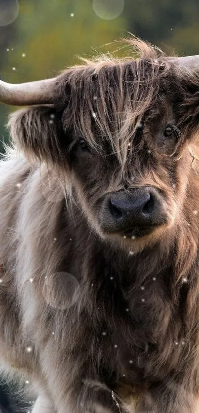 Highland cow in a grassy field with forest background.