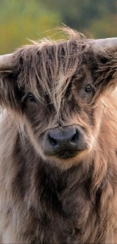 Highland cow standing in a lush, natural setting.