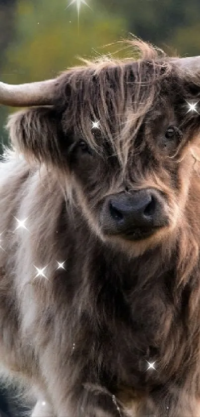 Highland cow standing in a serene field.