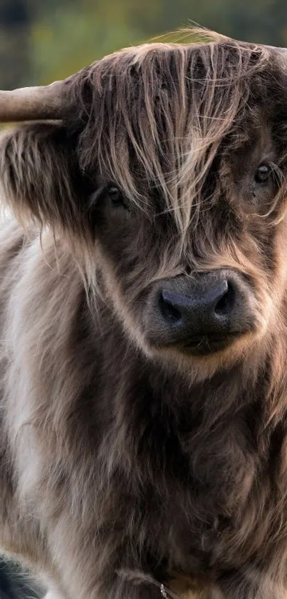 Close-up of a Highland cow with lush fur and tranquil background.