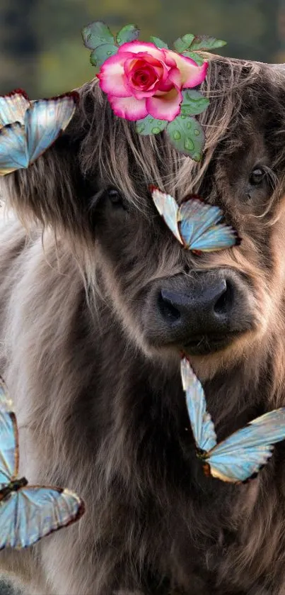 Highland cow with butterflies and pink rose on head