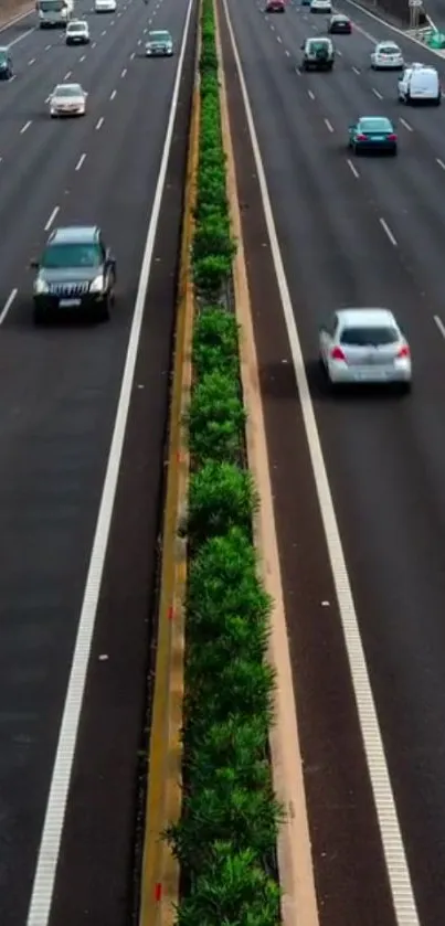 A highway with green median and moving cars, captured in a modern minimalist style.