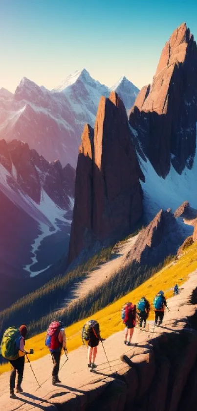 Hikers walking along a mountain ridge under a colorful sky.
