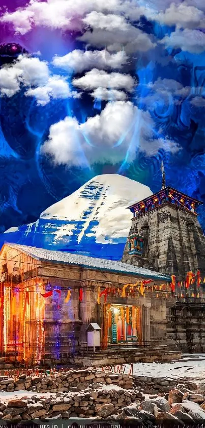 Himalayan temple with divine figure in blue hues.