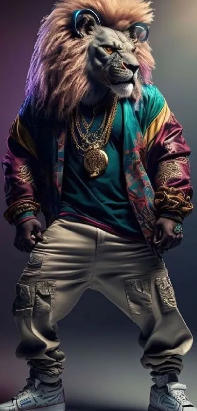 Stylish lion in hip hop attire with streetwear fashion flair.