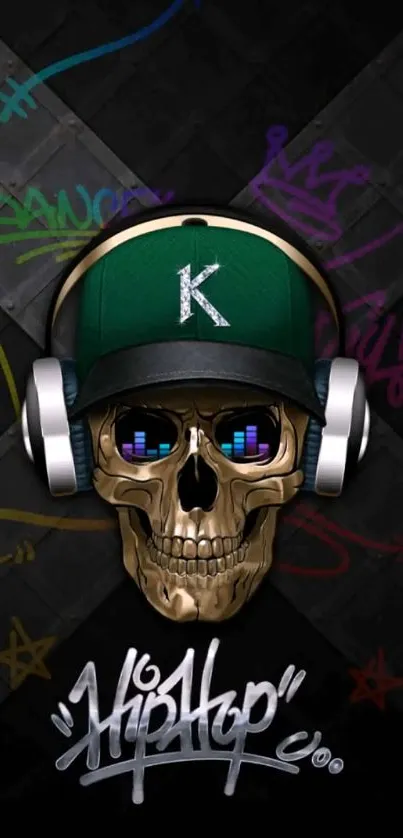 Graffiti skull with headphones in hip hop style.