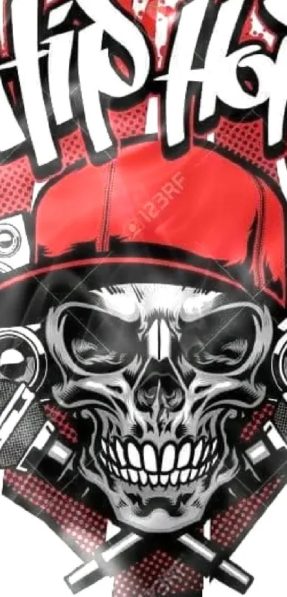 Bold hip hop skull design with red cap and microphones.