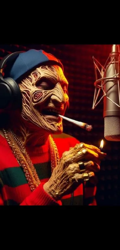 Hip-hop artist in studio with cigarette and microphone, vibrant colors.