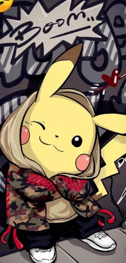 Hip hop Pikachu in graffiti style hoodie with urban backdrop.