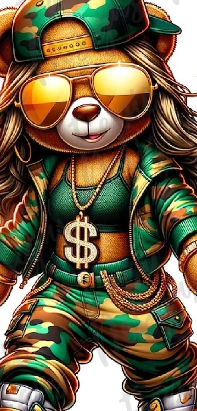 Hip hop teddy bear with camouflage outfit and accessories.