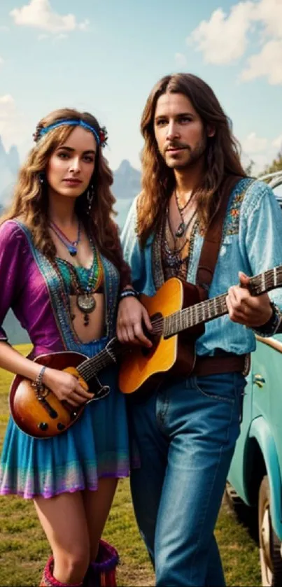 Hippie couple with guitars in scenic landscape.