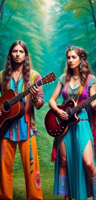 Hippie duo playing guitars in a lush green forest, embracing musical vibes.