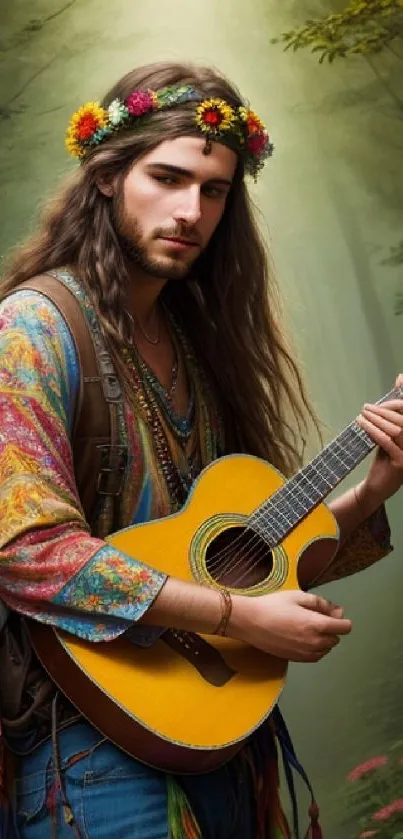 Hippie musician with guitar in a forest setting, surrounded by flowers.