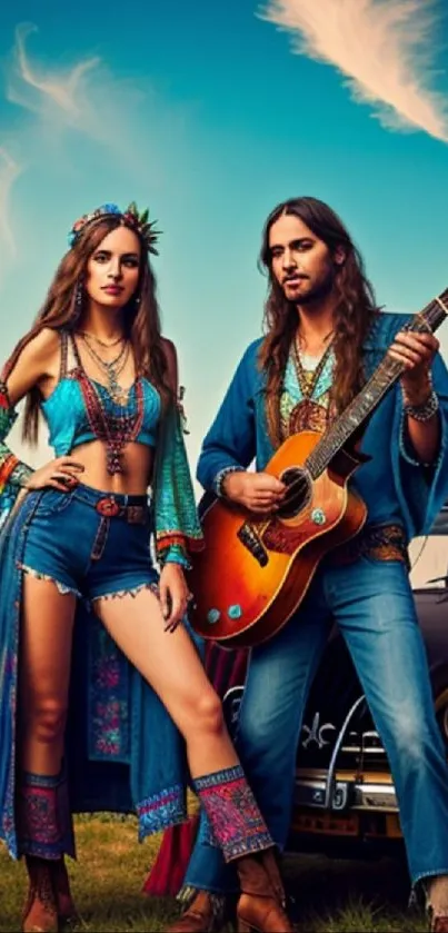 Hippie duo posing with guitar in vintage style.