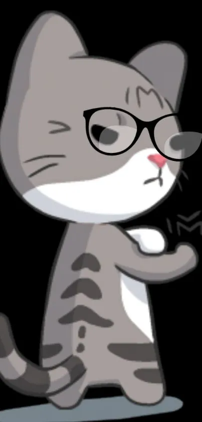 Cute hipster cartoon cat with glasses on a black background.