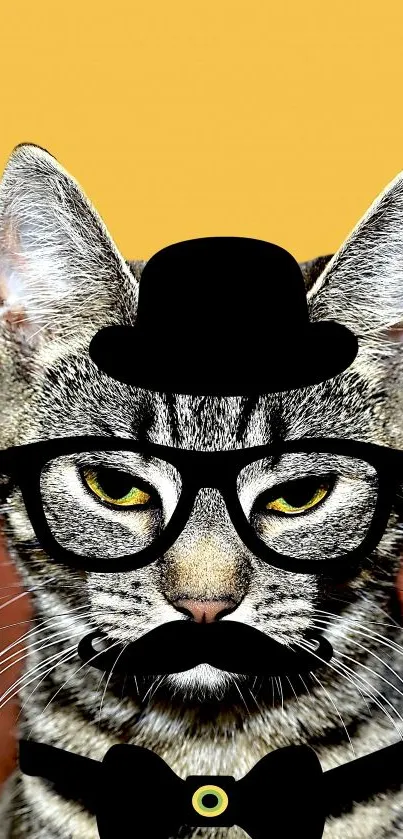 Tabby cat with hat and glasses on a colorful background.