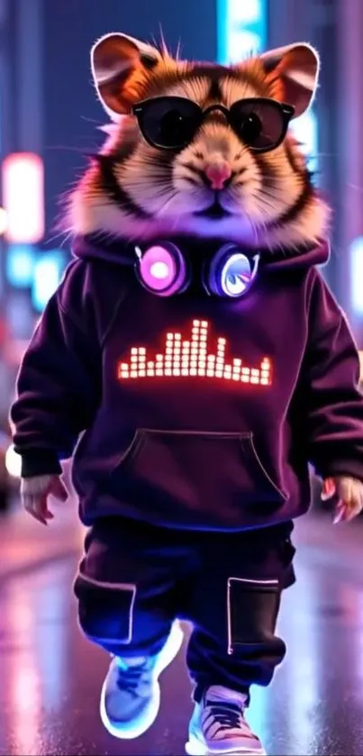 Hip hamster in hoodie with neon backdrop.