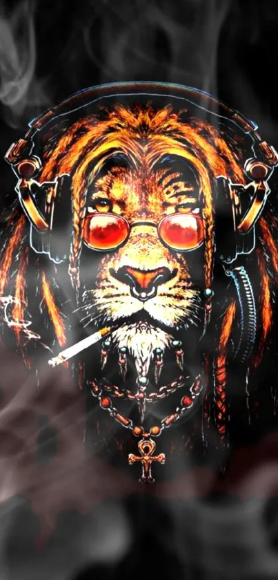 Reggae lion with headphones and sunglasses, amidst smoky background.