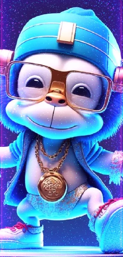 Cool hipster cartoon monkey with vibrant accessories on a mobile wallpaper.