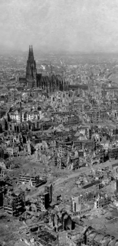 Aerial black-and-white photo of a historical city with a cathedral.