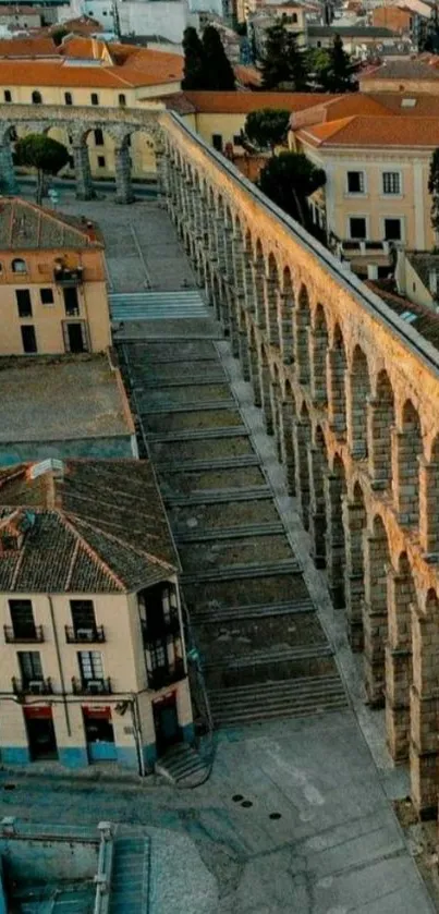 Aerial view of historic aqueduct in a European city