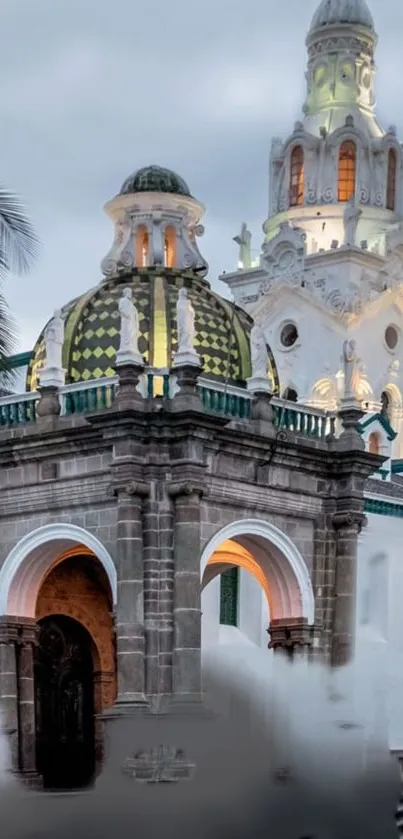 Historic architecture with a grand dome against a cloudy sky.