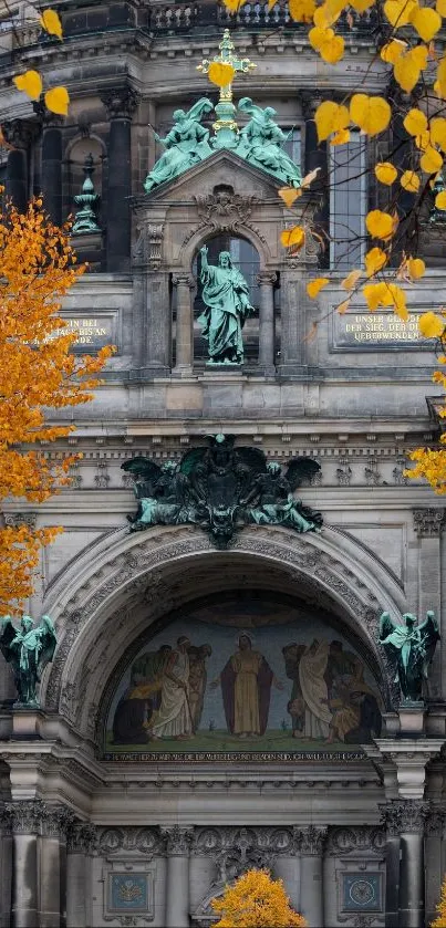 Historic architecture with vibrant autumn foliage, perfect for wallpaper.