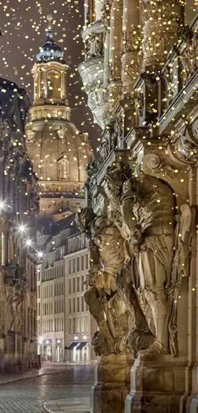 Historic architecture at night with ornate stone carvings in a cityscape.