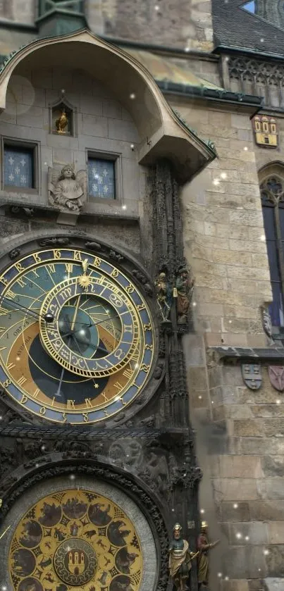 Historic astronomical clock on a stone building facade.