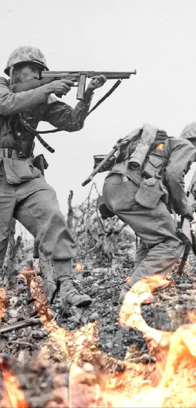 Black and white WWII soldiers advancing in battle.