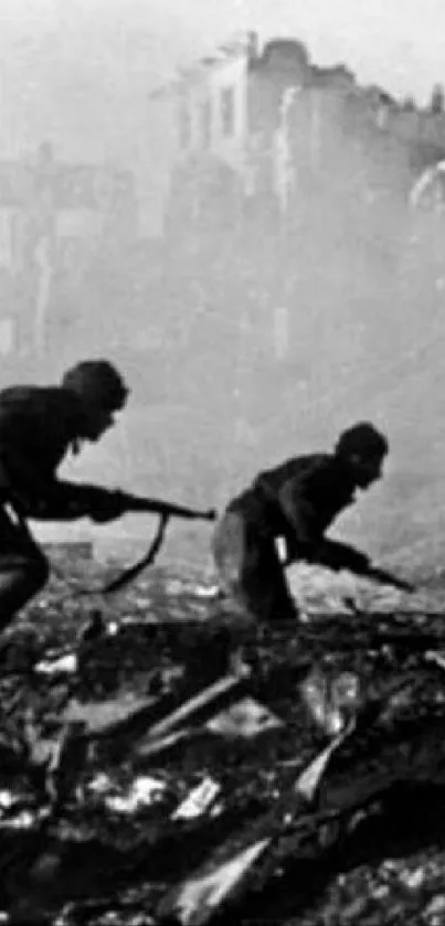 Black and white photo of soldiers in battle.