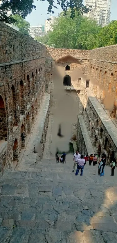 Historic brick ruins with stone steps and arches.