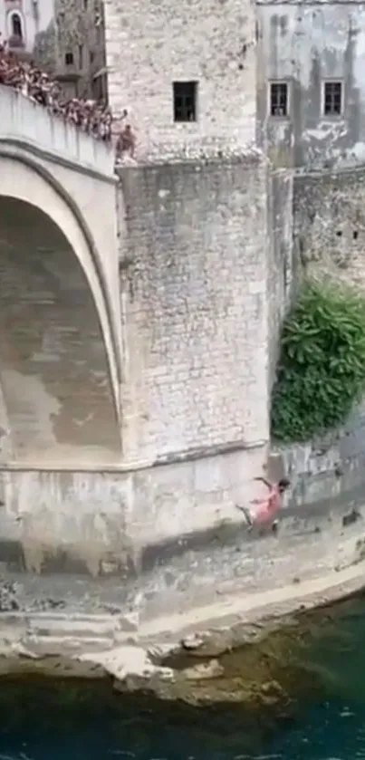 Diver leaps off historic stone bridge into river.