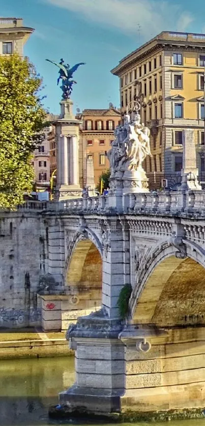 A scenic urban view with a historic bridge and classical sculptures.