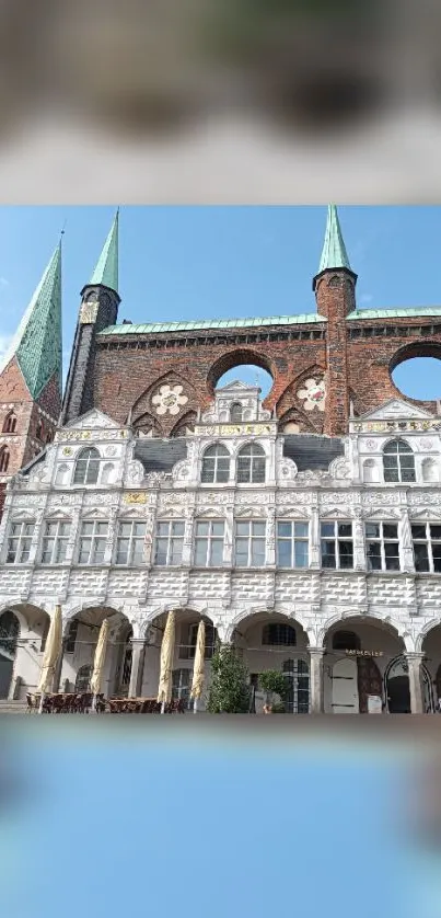 Historic European building with sky-blue accents.