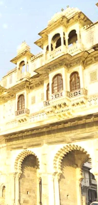 Yellow-tinted historic building facade with ornate architecture.