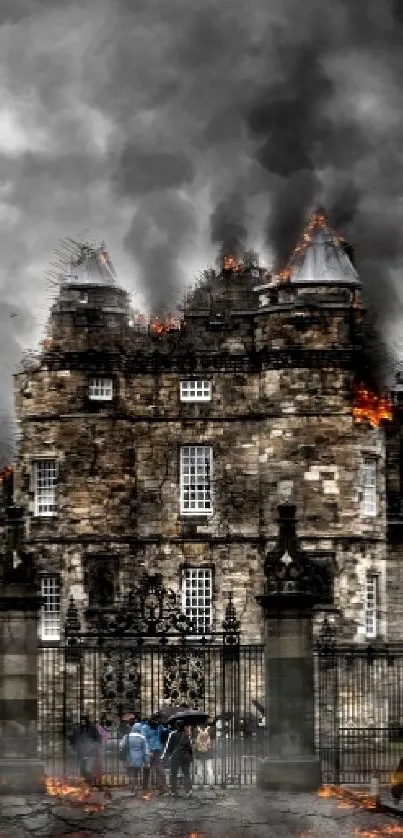 Dark cityscape with flames and smoke creating a dramatic medieval atmosphere.