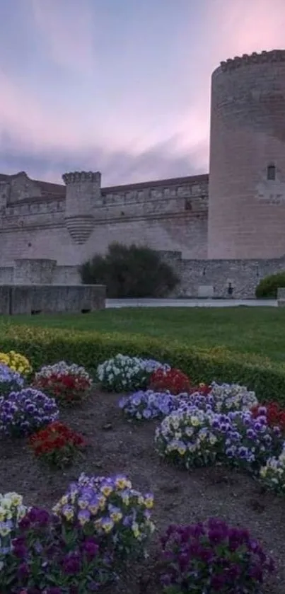 Castle and garden under a twilight sky.