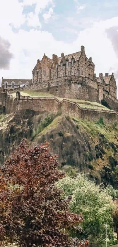 Historic castle on a rocky hill with cloudy sky backdrop.