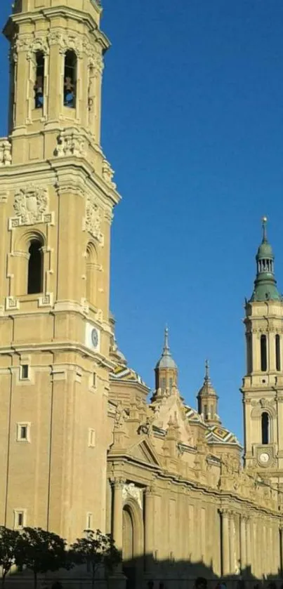 European cathedral with blue sky backdrop.