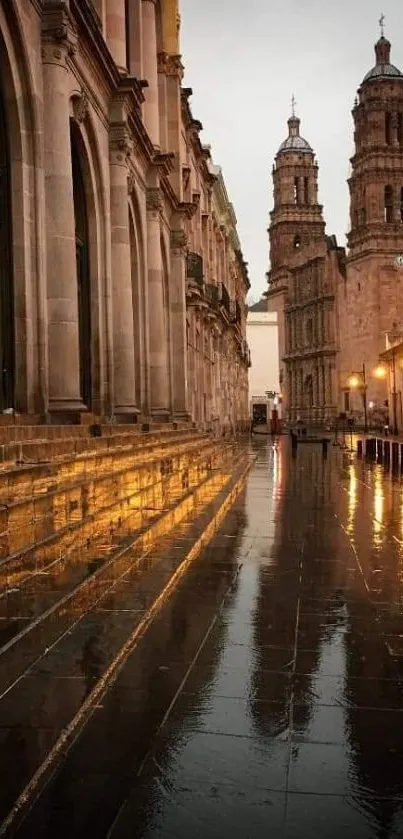 Historic cathedral reflecting on a wet city street with glowing lights.