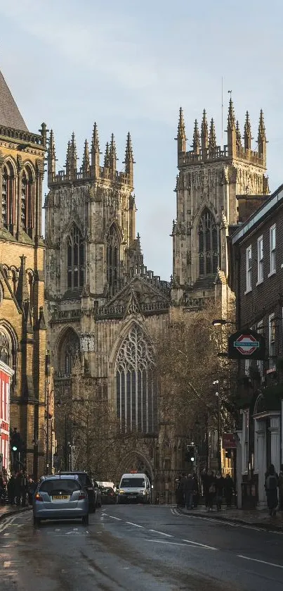 Street view of a historic cathedral with intricate architecture and urban charm.