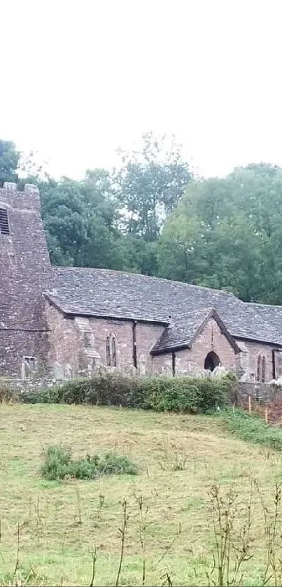 Mobile wallpaper of a historic church amidst lush green fields.