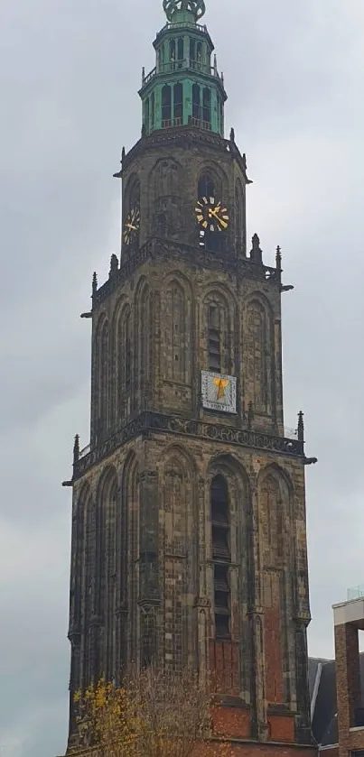 Historic church tower against a gray sky with architectural details.