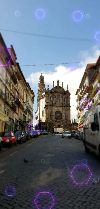 Charming historic city street with cobblestones and classic buildings under a blue sky.