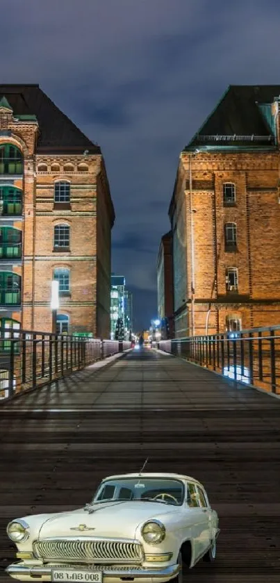 Historic cityscape with bridge and vintage car in evening.