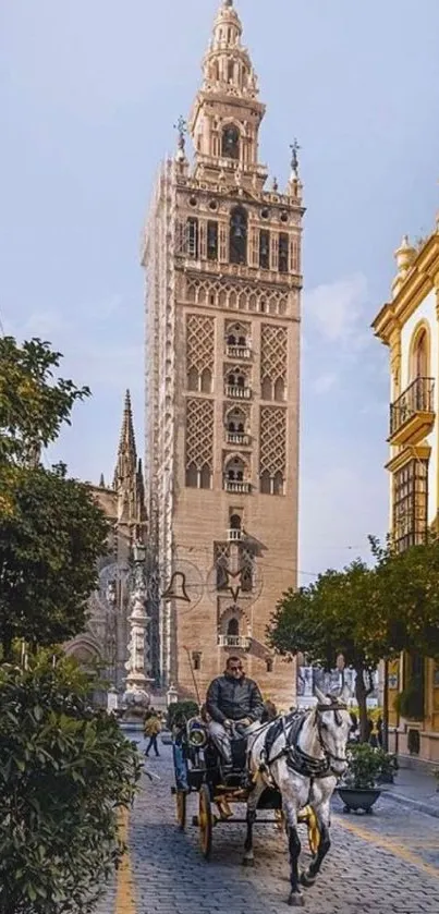 Mobile wallpaper with a historic tower, cobblestone street, and horse-drawn carriage.